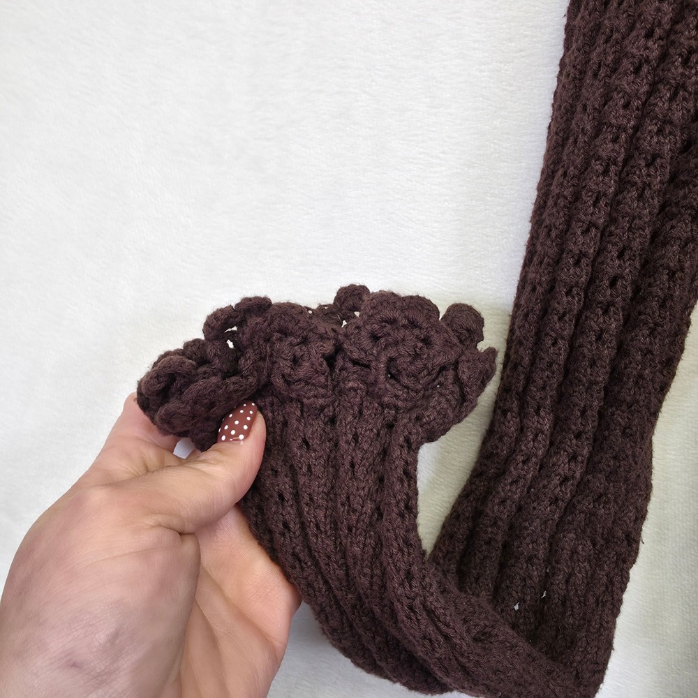 Crochet‎ Knit Cardigan Womens L Brown Open Ruffle Ribbed Layering Lounge Sweater - Picture 10 of 15
